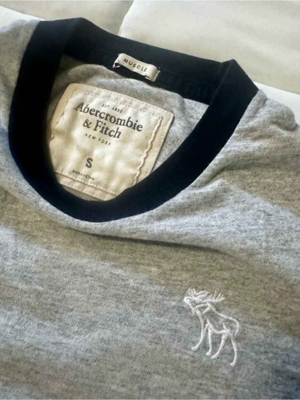 Abercrombie & Fitch Grey Crewneck Shirt with Dark Blue Rib Collar